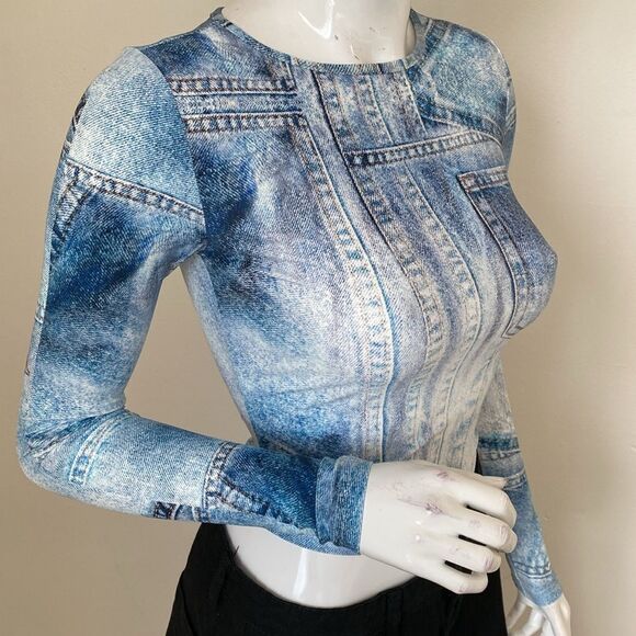 The Kript Sully Semi Sheer Mesh Denim Print Long Sleeve Fitted Crop Top - Picture 2 of 6